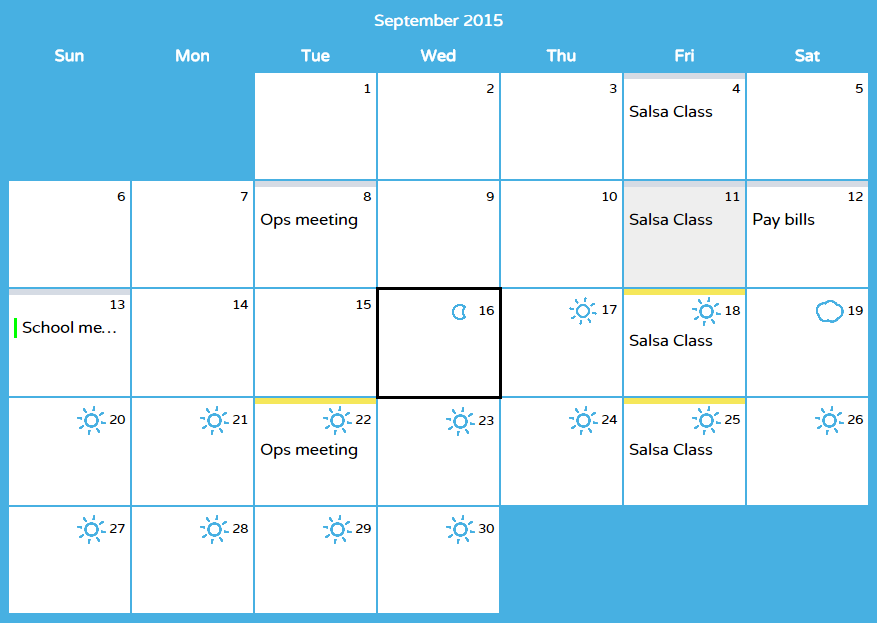 Calendar showing weather on specific days